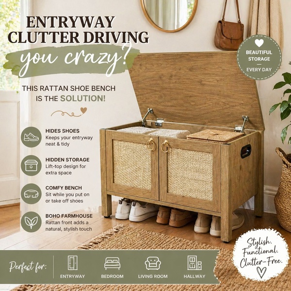 storage bench, entryway bench, shoe bench, rattan bench, lift top bench, hallway bench, product launch, brand awareness, lifestyle, modern typography, warm, trustworthy, neutral, brown, green